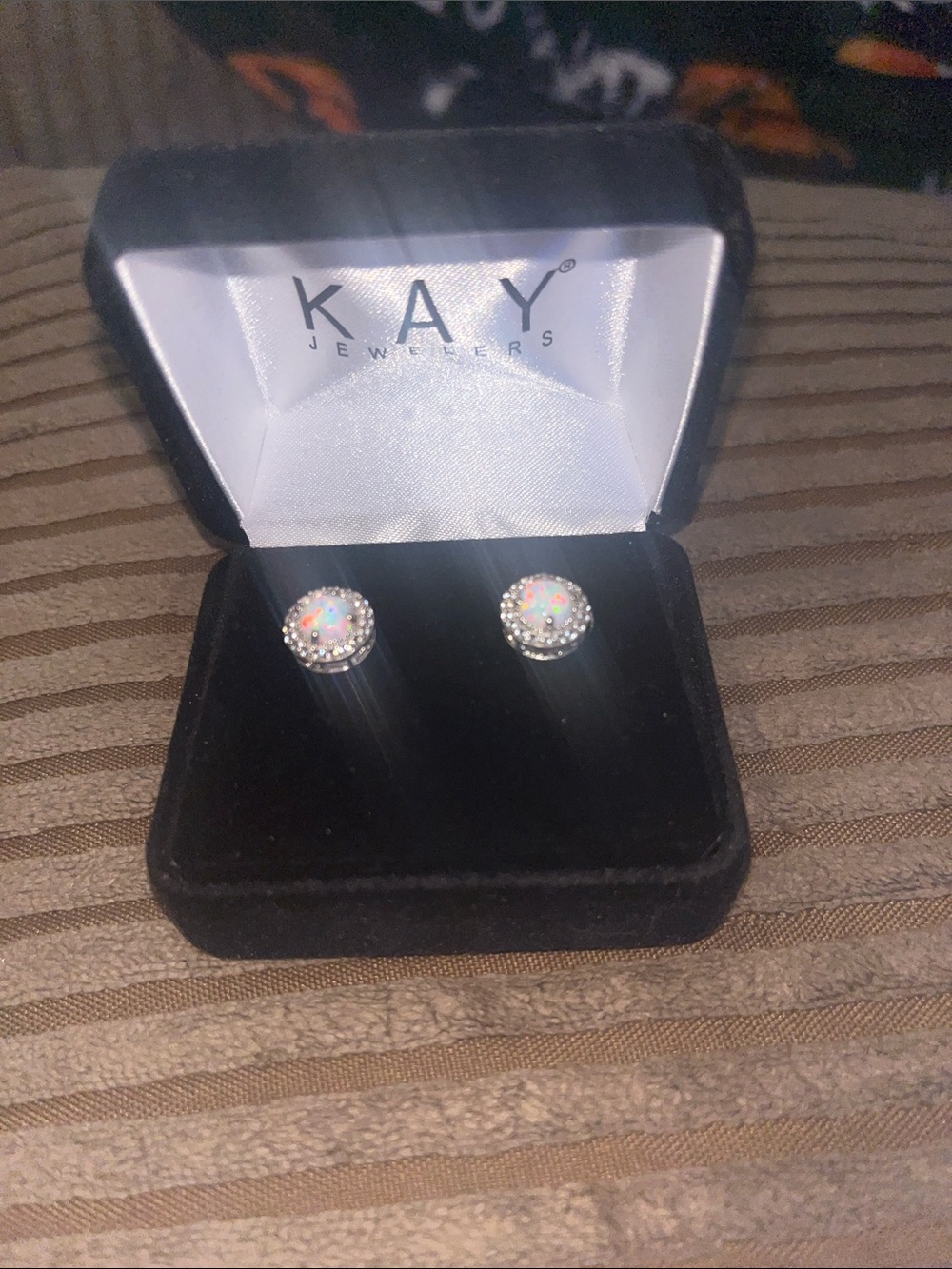 Kay Jewelers Opal Halo Stud Earrings in White and Iridescent